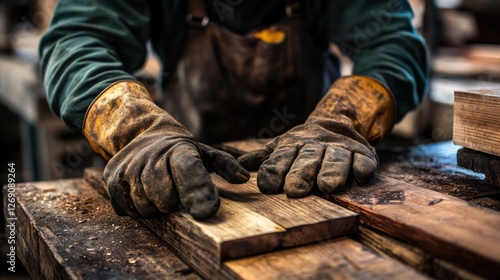 A craftsman wearing worn-out leather gloves while working with wood, emphasizing durability and ruggedness.