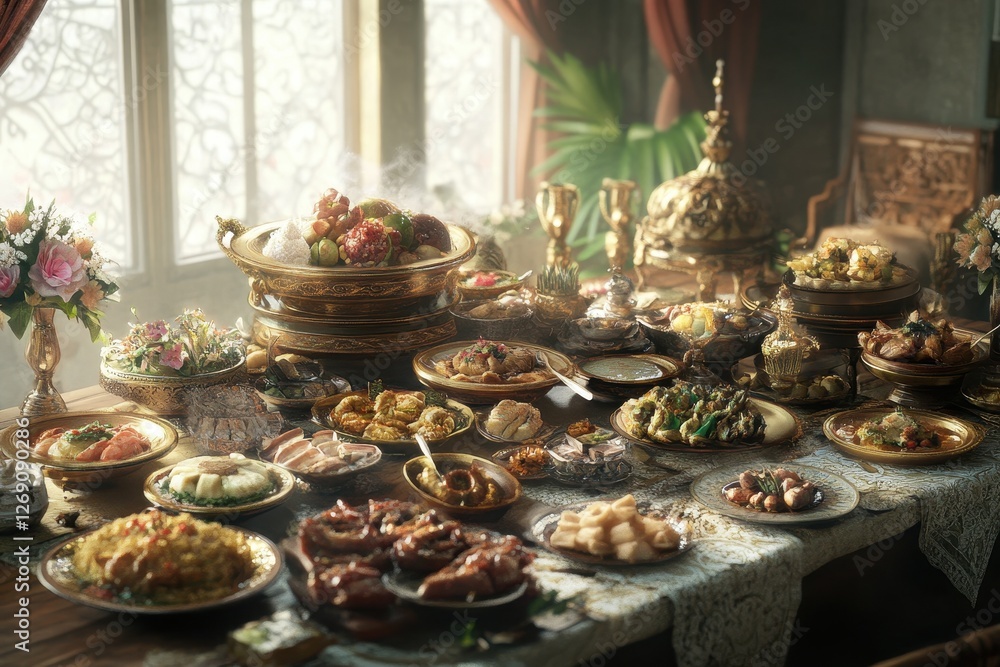 Lavish Banquet Table Setting with Various Traditional Dishes Lavish Banquet Table Setting with Various Traditional Dishes