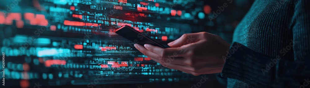 Fototapeta premium User Engaging with Smartphone in a Futuristic Digital Environment with Colorful Data Visualizations and Code Flow