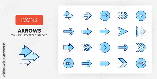 Line icons about arrows. Contains such icons as pointer, navigation, fast and more. 256x256 Pixel Perfect editable in two colors