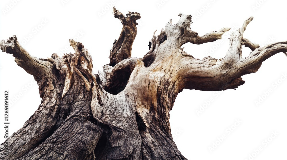 Ancient gnarled tree trunk against white background, nature texture Ancient gnarled tree trunk against white background, nature texture