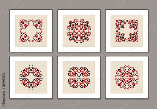 Set of traditional Ukrainian folk knitted embroidery ethnic mandala ornament vyshyvanka