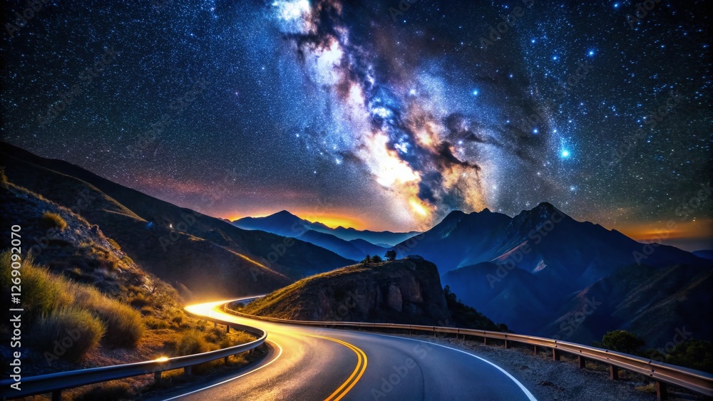Fototapeta premium Night Road Trip: Starry Sky Over Winding Mountain Road