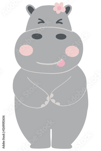 Cute cartoon hippo with a flower, smiling and playful.