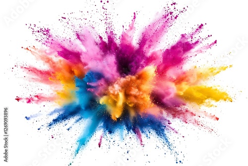 Decorative abstract chaotic colorful powder splash or explosion on a white background with copy space.