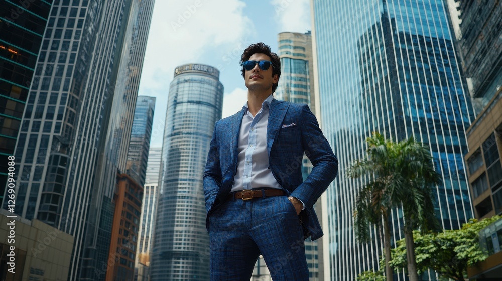 Stylish man wearing sunglasses poses confidently in a modern urban environment amidst skyscrapers on a sunny day Stylish man wearing sunglasses poses confidently in a modern urban environment amidst skyscrapers on a sunny day