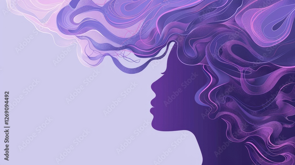 watercolor illustration, Purple Day, Epilepsy awareness day, silhouette of a girl with long hair, abstract light background, vintage postcard, copy space, free space for text