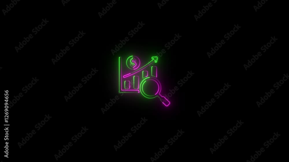 glowing neon line Financial report chart icon. business dashboard chart icon with magnifying glass animation glowing neon line Financial report chart icon. business dashboard chart icon with magnifying glass animation