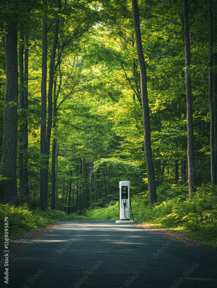 EV charging station surrounded by lush forest on a quiet road during daytime. Generative AI EV charging station surrounded by lush forest on a quiet road during daytime. Generative AI
