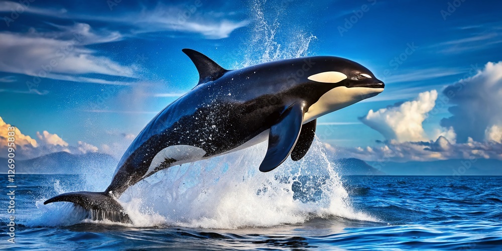 Obraz premium Orca Whale Breaching Ocean Surface Panoramic - Majestic Killer Whale Underwater Wildlife Photography