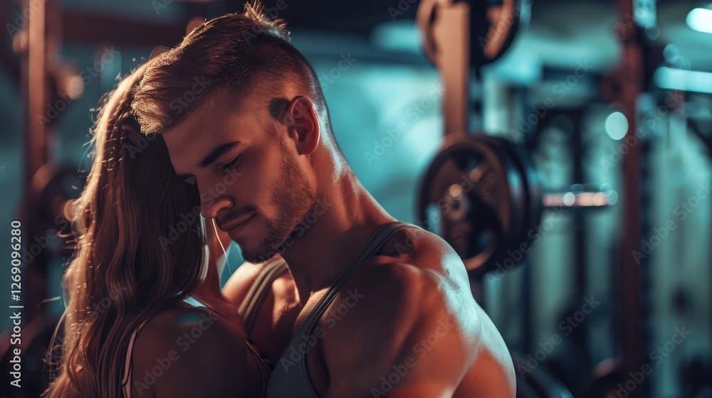 Intimate moment between a couple in a gym, showcasing fitness dedication and emotional connection in a vibrant atmosphere Intimate moment between a couple in a gym, showcasing fitness dedication and emotional connection in a vibrant atmosphere