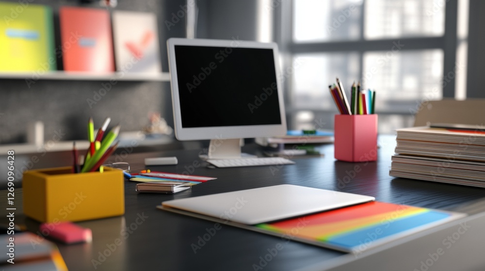 Naklejka premium Creative designer’s workspace with colorful stationery