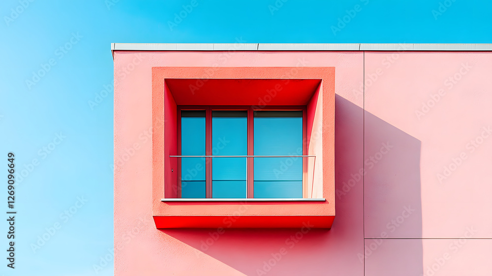 A modern pink building features a prominent red window, contrasting beautifully against a clear blue sky A modern pink building features a prominent red window, contrasting beautifully against a clear blue sky