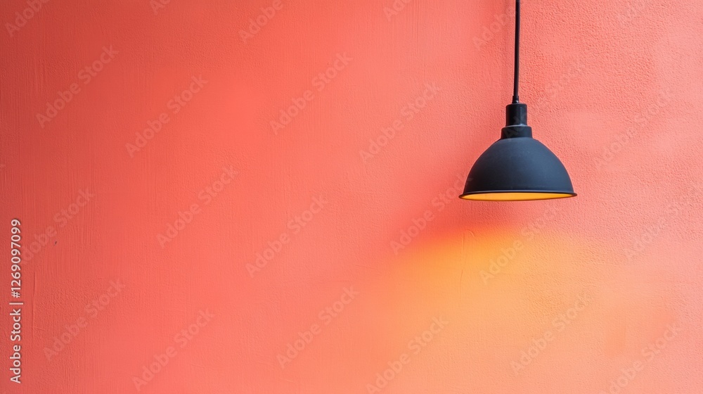 Minimalist black pendant light against a pastel pink wall Minimalist black pendant light against a pastel pink wall