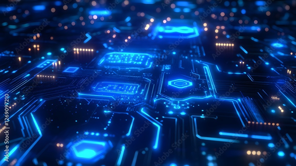 Obraz premium A digital-inspired design featuring a glowing blue motherboard texture with embedded hexagonal shapes and abstract data flow elements 