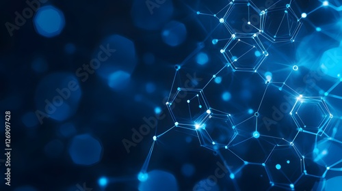 A dark blue tech interface with detailed microchip-like circuit lines and scattered hexagonal elements pulsating with light effects 