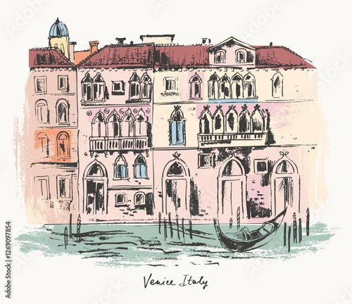 Hand drawn Venice architecture urban sketch. Black ink landscape colored line drawing of Italy ancient city with gondola. Romantic travel background for cards and posters.