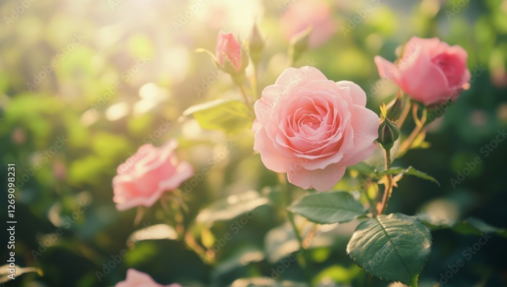 Pink roses blooming garden sunrise background website Pink roses blooming garden sunrise background website