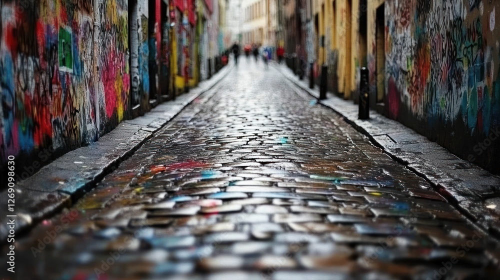 Naklejka premium Cobblestone Alleyway with Vibrant Graffiti Art