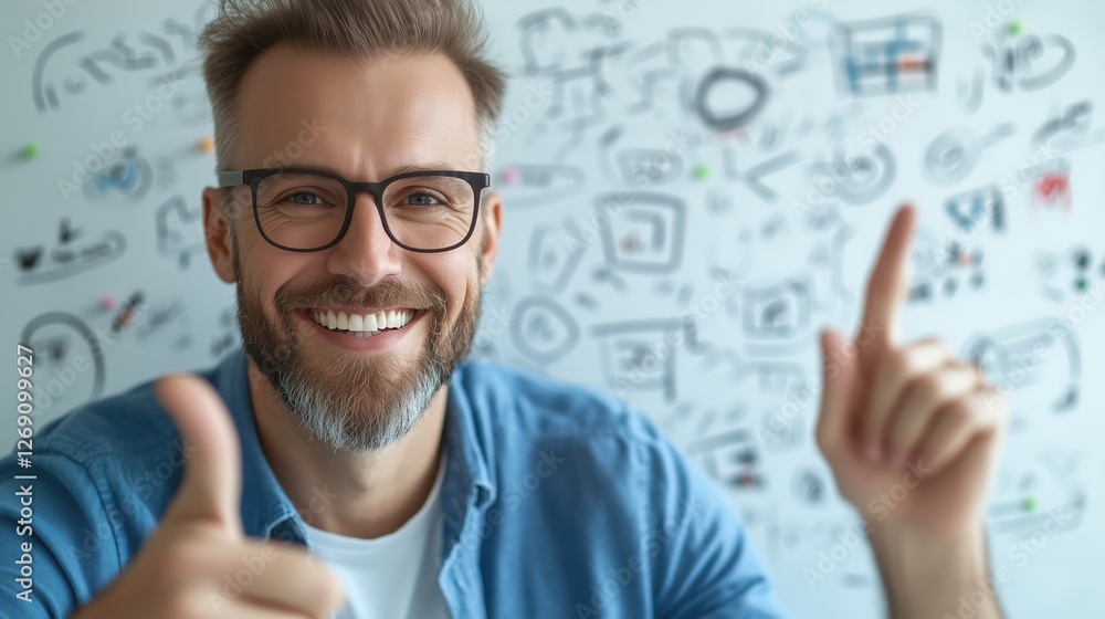 Confident and Creative: A man with a warm smile, sporting glasses and a neatly trimmed beard, stands confidently in front of a whiteboard adorned with creative doodles. Confident and Creative: A man with a warm smile, sporting glasses and a neatly trimmed beard, stands confidently in front of a whiteboard adorned with creative doodles.