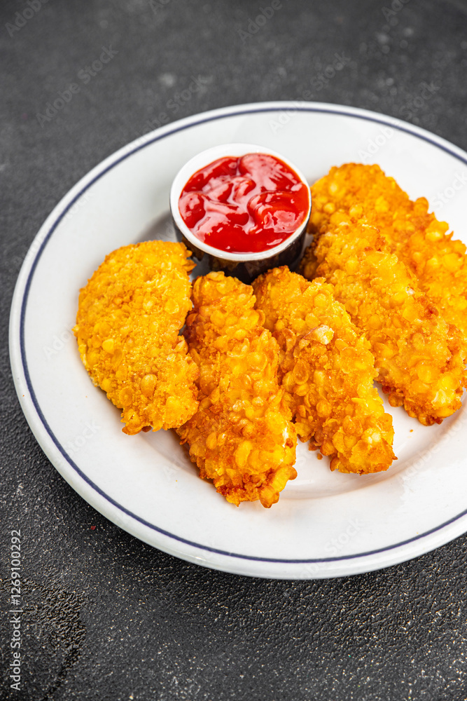 Nuggets chicken meat breaded deep fried fresh tasty food dish gourmet food background on the table rustic food top view copy space Nuggets chicken meat breaded deep fried fresh tasty food dish gourmet food background on the table rustic food top view copy space