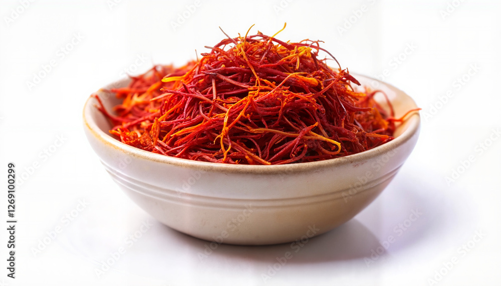 Fototapeta premium Saffron strands in a bowl on a white background