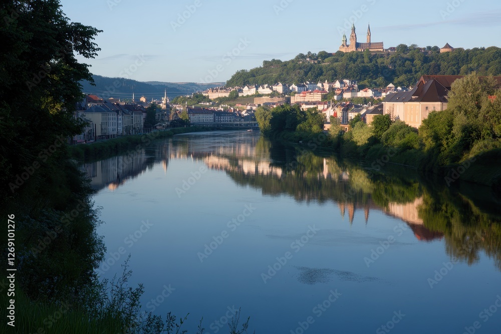 Serene Riverside Landscape with Town and Historic Church on Hill Serene Riverside Landscape with Town and Historic Church on Hill