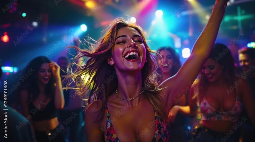 Obraz premium Young woman dancing at a vibrant party with colorful lights, symbolizing nightlife, happiness, and energetic celebration