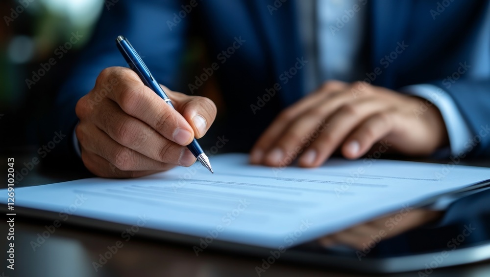 Man signing document, office, tablet, close-up, deal Man signing document, office, tablet, close-up, deal