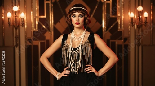 Elegant woman in a glamorous 1920s flapper dress at an art deco-themed event, symbolizing vintage fashion, Great Gatsby aesthetics, and the roaring twenties’ luxurious party culture