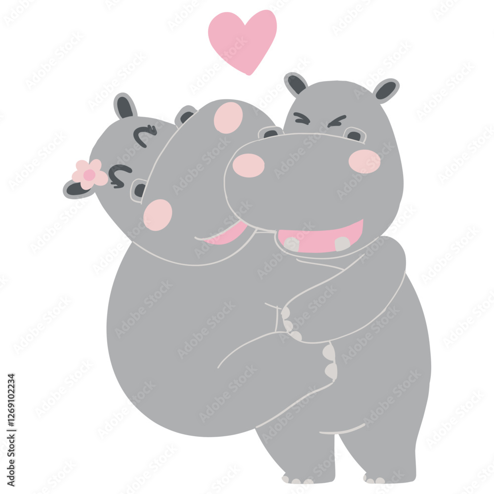 Naklejka premium Valentine hippo theme. Cute hippos embracing with a heart above them.