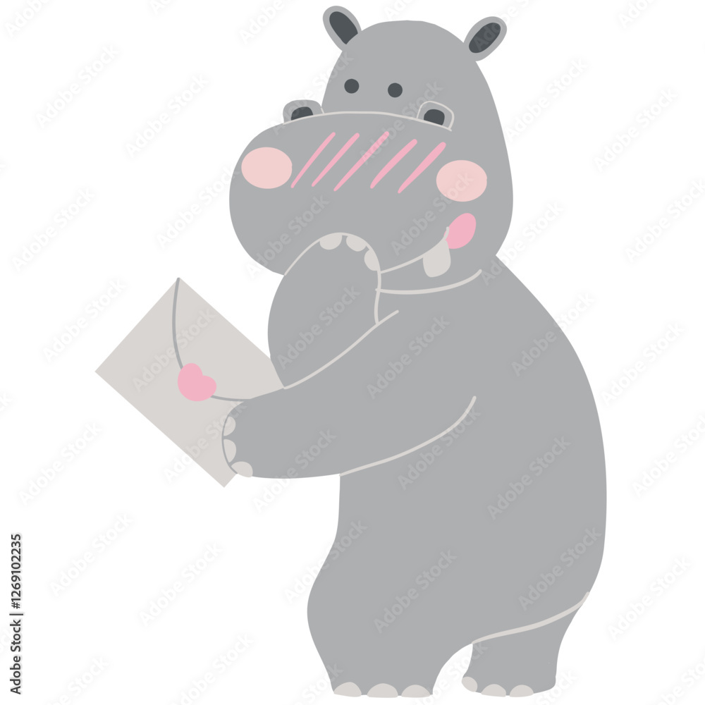Valentine hippo theme. Cute cartoon hippo holding a letter in its hands. Valentine hippo theme. Cute cartoon hippo holding a letter in its hands.