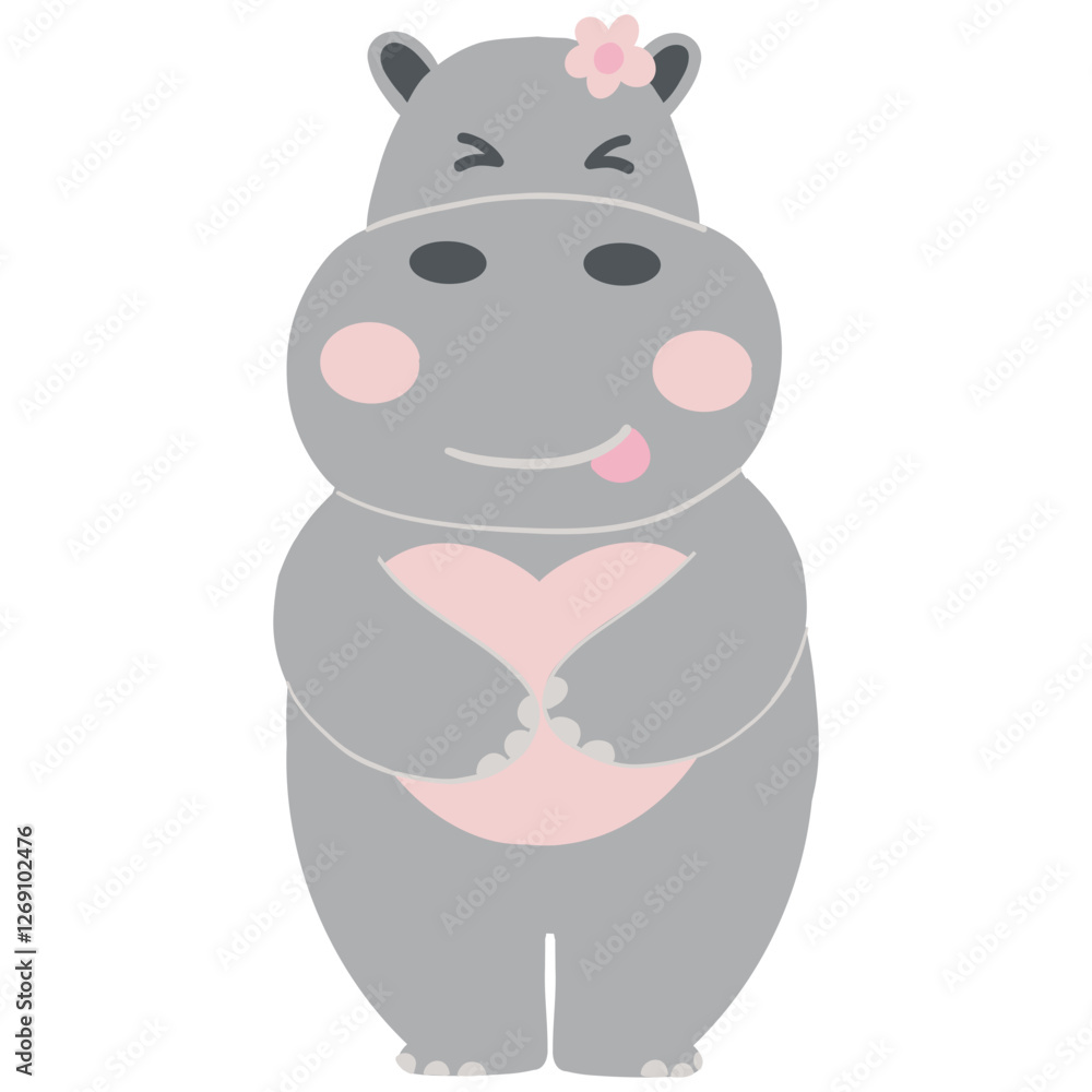 Naklejka premium Valentine hippo theme. Cute cartoon hippo with a flower, making a heart gesture.
