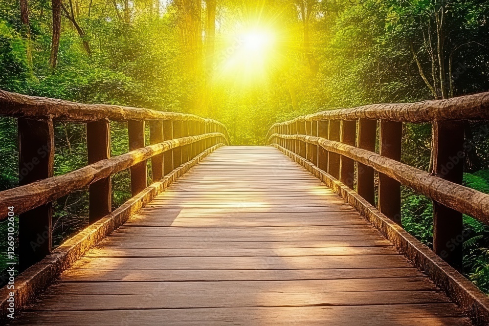Serene Wooden Bridge Through Lush Green Forest with Sunlight Glow Serene Wooden Bridge Through Lush Green Forest with Sunlight Glow