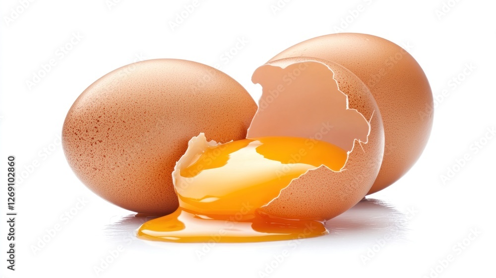 Broken egg yolk spilling, two whole eggs, white background, food photography Broken egg yolk spilling, two whole eggs, white background, food photography