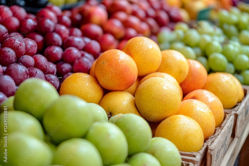 Fresh wet fruits displayed on a market stall showing variety of colors and textures Fresh wet fruits displayed on a market stall showing variety of colors and textures