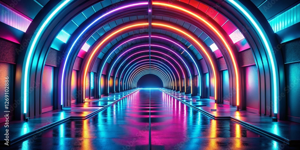 Panoramic Futuristic Neon Tunnel: Dark Minimalist Architecture Stock Photo Panoramic Futuristic Neon Tunnel: Dark Minimalist Architecture Stock Photo