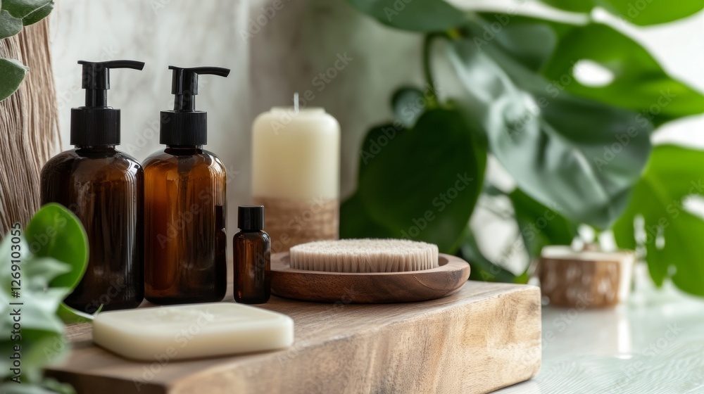 Natural skincare products arranged on a wooden surface Natural skincare products arranged on a wooden surface