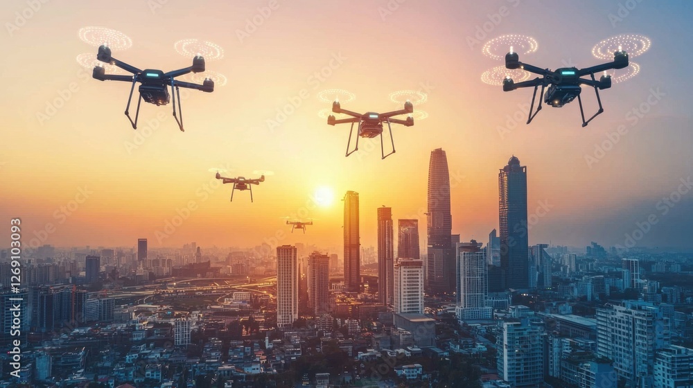 Drones flying over a vibrant city skyline at sunset showcasing urban landscape and technological innovation Drones flying over a vibrant city skyline at sunset showcasing urban landscape and technological innovation