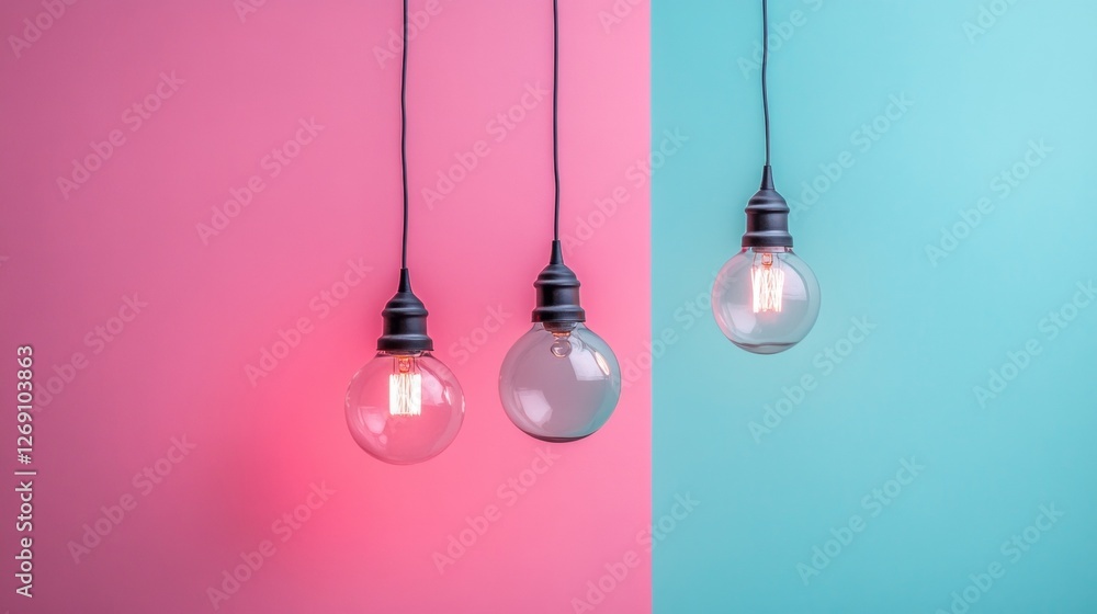 Pink and blue light bulbs hanging against a colorful gradient background Pink and blue light bulbs hanging against a colorful gradient background