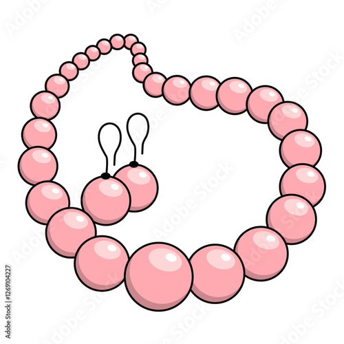 Parure collana e orecchini di perle rosa. Disegno simpatico stile fumetto. Editabile vettoriale