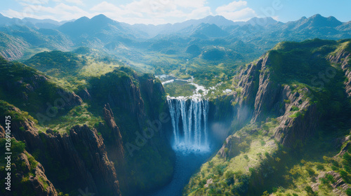 Lush valley with waterfall and mountains, nature scene