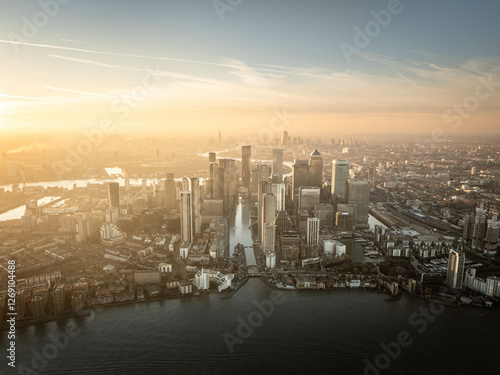 Canary Wharf shot from the air at sunset