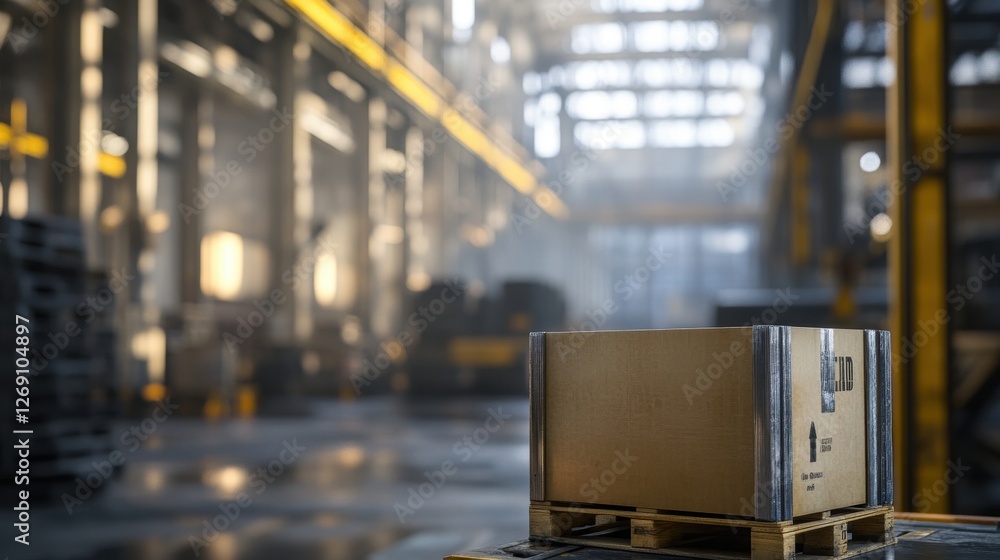 Industrial Warehouse Scene with Package on Wooden Pallet in Focus Industrial Warehouse Scene with Package on Wooden Pallet in Focus