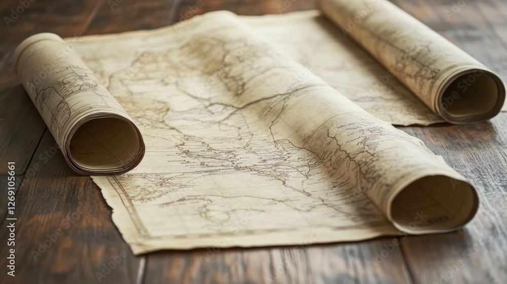 Fototapeta premium Antique World Map Rolled on Wooden Surface