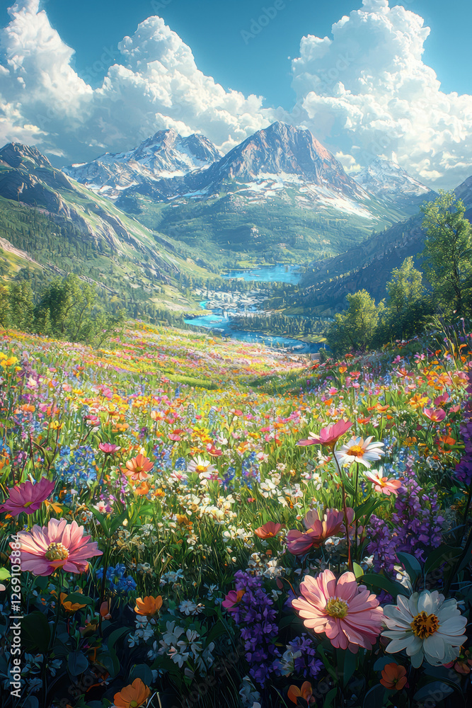 Obraz premium Vibrant spring landscape with colorful flowers, mountains, and lake.