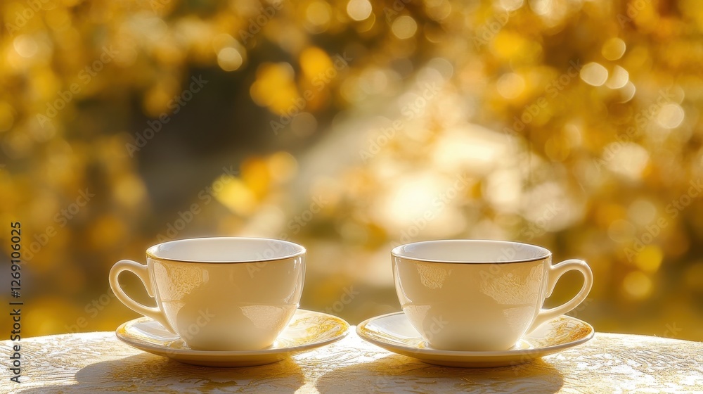 Fototapeta premium Two Elegant Cups on Table Against Soft Golden Autumn Background