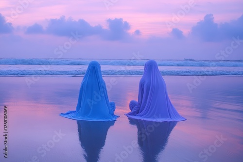 Wallpaper Mural Two Women in Colorful Hijabs Sitting by the Serene Beach at Dusk Torontodigital.ca