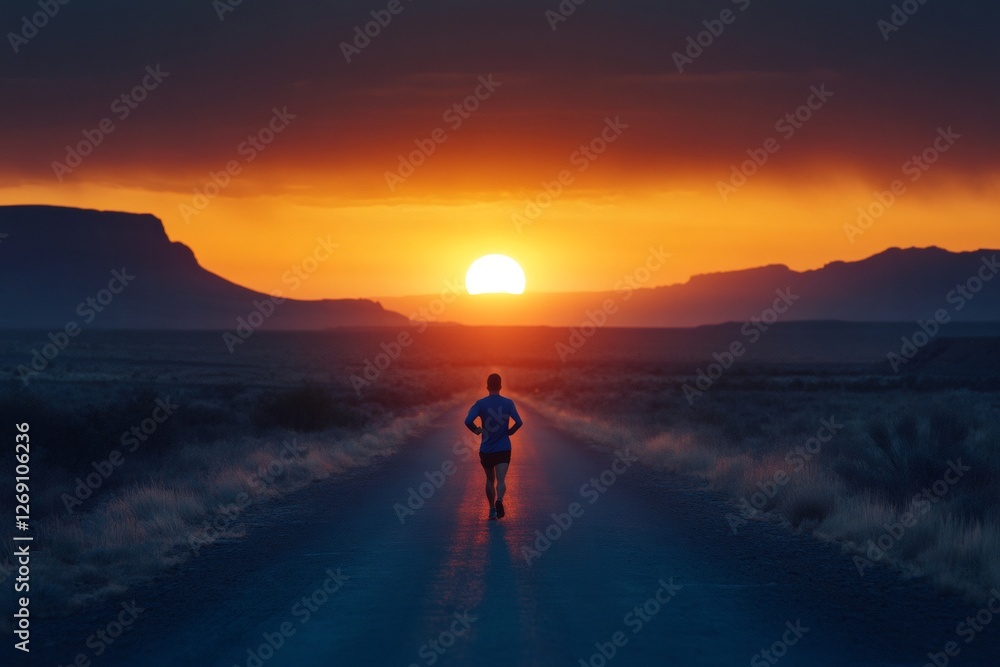 Athlete running on desert road at sunrise towards the sun Athlete running on desert road at sunrise towards the sun