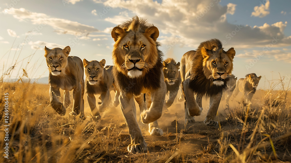 Moving toward the camera a pride of lions hunts prey over the parched grassland Moving toward the camera a pride of lions hunts prey over the parched grassland